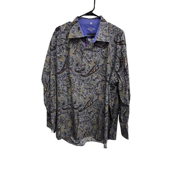 Visconti Uomo Paisley Long Sleeve Button Front Dress Shirt Gray Blue Sz 3XLB - Picture 1 of 10
